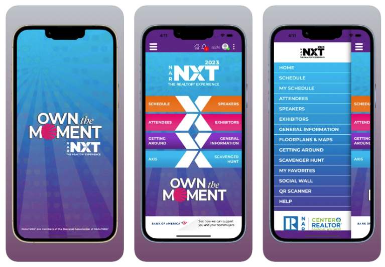 mobile views of the 2023 NAR NXT Mobile App