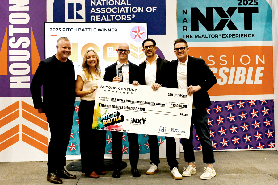 From left, Peter Schravemade, managing partner of REACH Australia and New Zealand, this year’s Pitch Battle emcee; Vanessa Martin of Teather RE, 2024 Pitch Battle winner; Christian Calusa, CEO and founder of NEO; and Dave Garland and Tyler Thompson from sponsor Second Century Ventures.