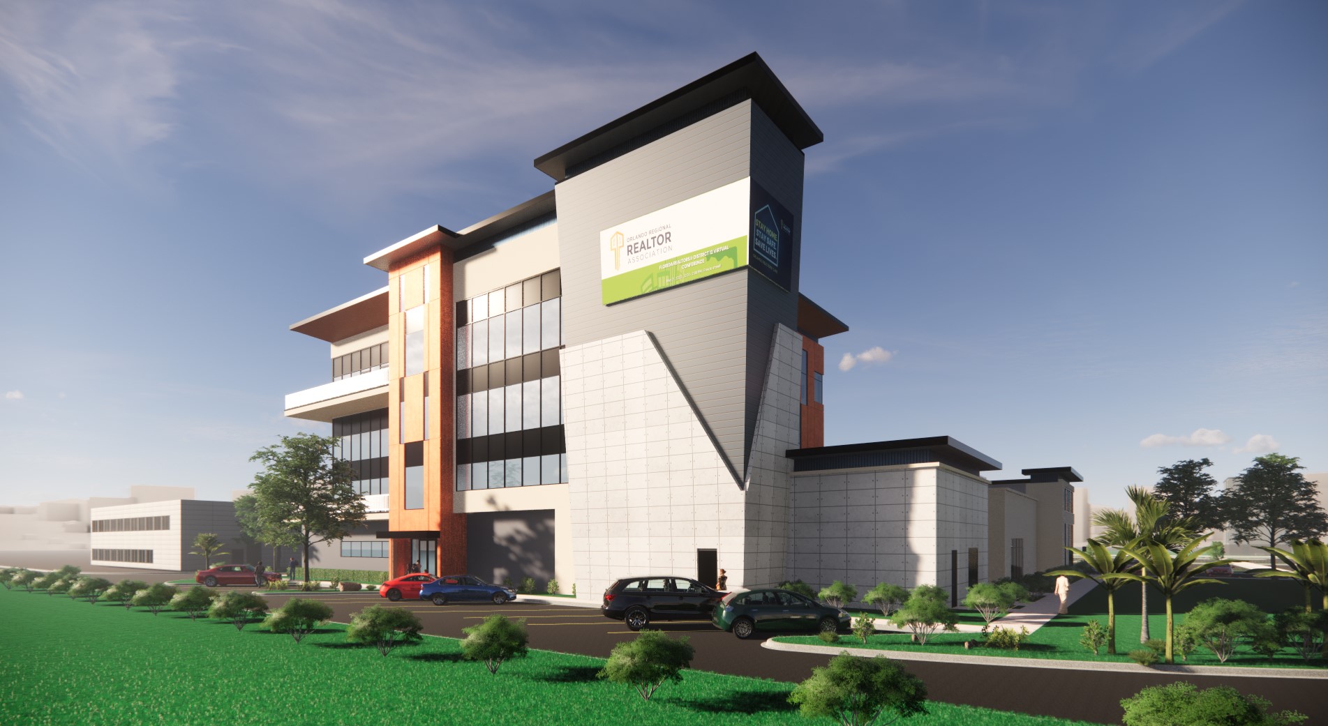 A rendering of the north east side of the future headquarters of the Orlando Regional REALTOR® Association, for the Orlando Regional REALTOR® Association Property Build-out Tour Field Experience, NAR NXT 2022