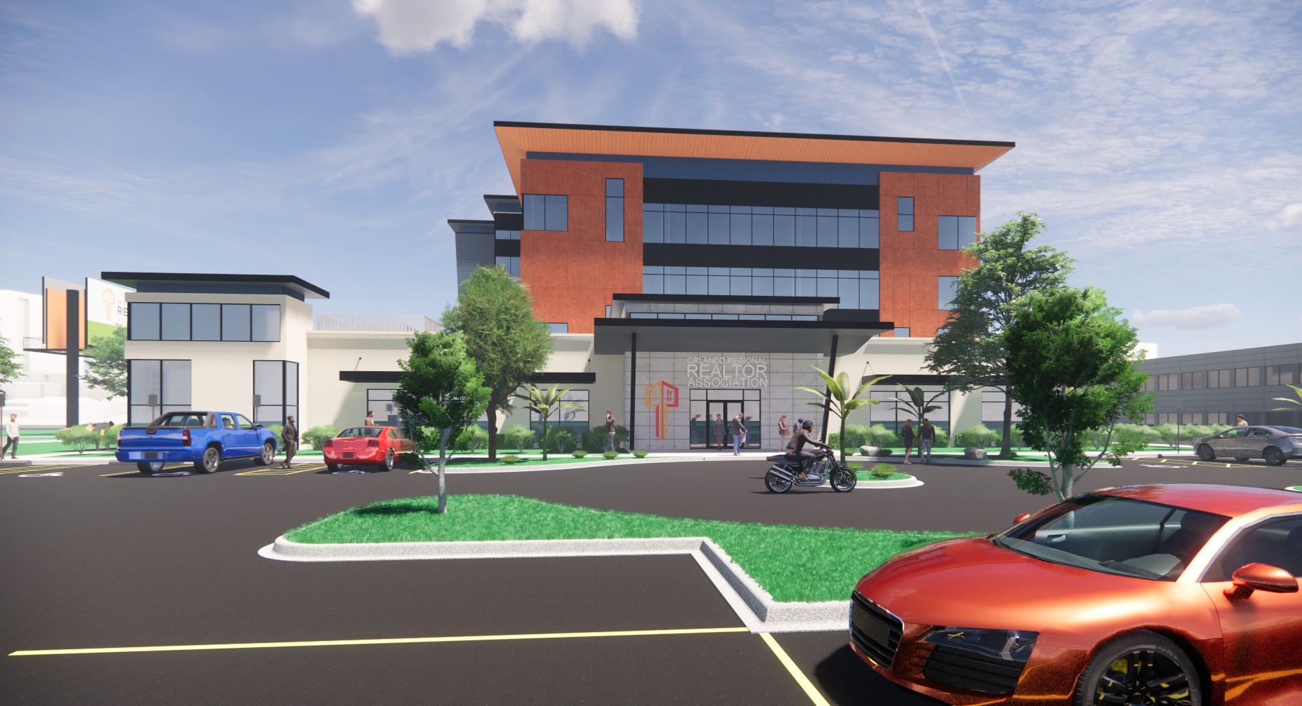 A rendering of the west side of the future headquarters of the Orlando Regional REALTOR® Association, for the Orlando Regional REALTOR® Association Property Build-out Tour Field Experience, NAR NXT 2022